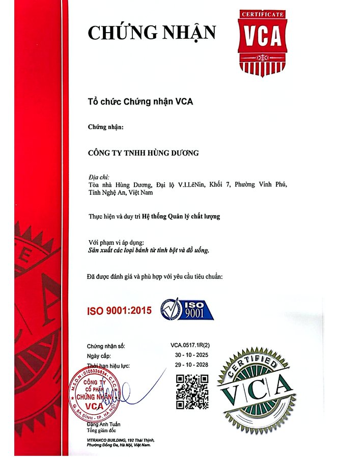 Chứng nhận ISO 9001:2015 của Công ty TNHH Hùng Dương do VCA cấp
